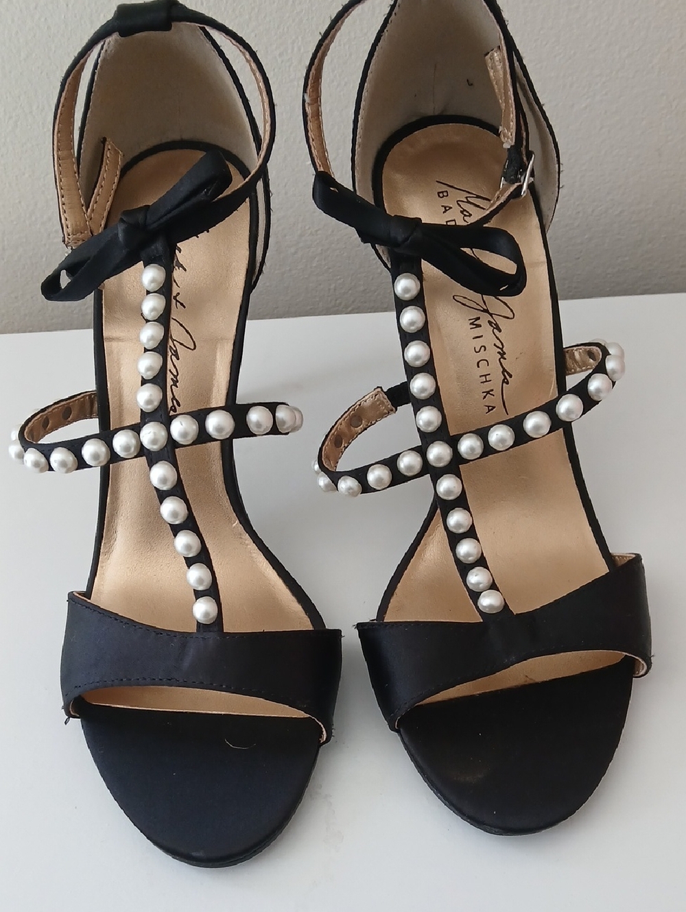 Badgley Mischka Black Satin T-Strap Heels with Pearl Accents and Ankle Bow